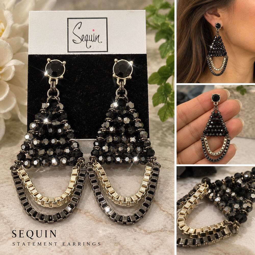 $138 Nordstrom Sequin Statement Black Beaded Drop Earrings dangle NWT gift